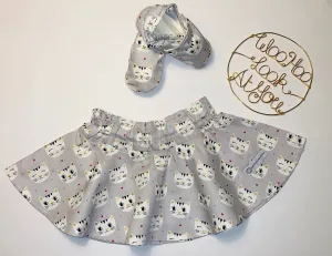 2 Piece Set - Skirt & Slip Ons - White Cats on Grey