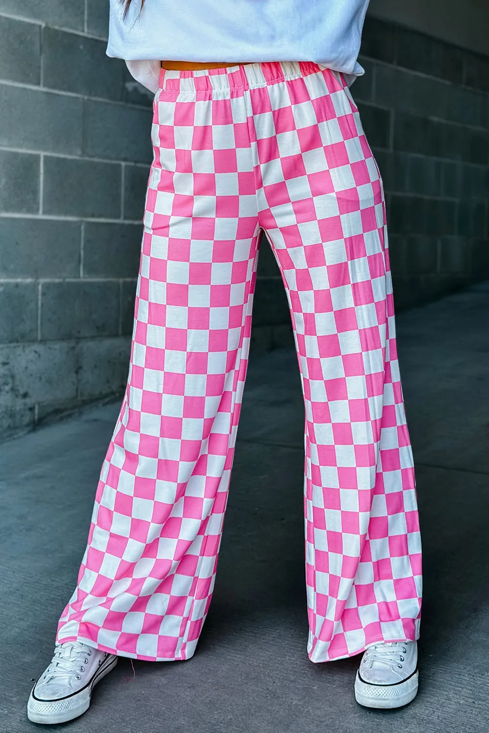 2-Tone Checked Print High Waist Wide Leg Pants