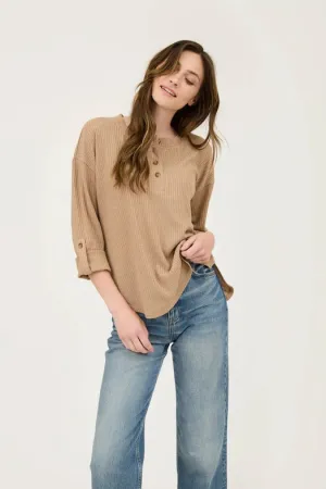 3/4 Tab Sleeve Henley Knit Top KHAKI