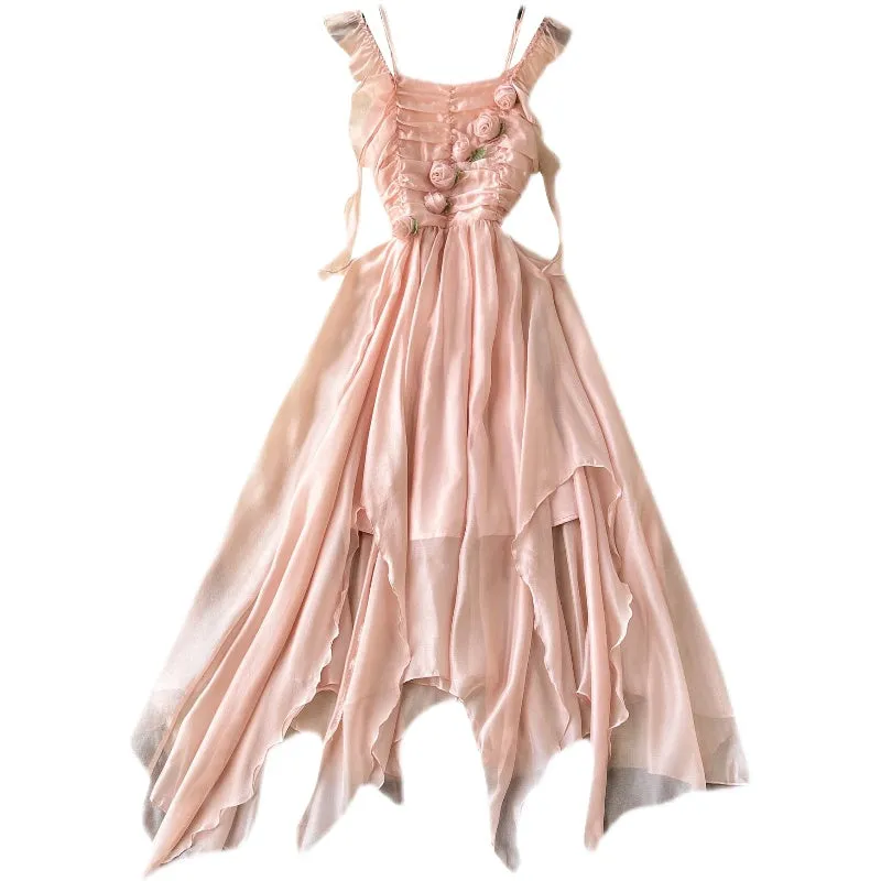 3d Pink Floral Chiffon Slip Dress