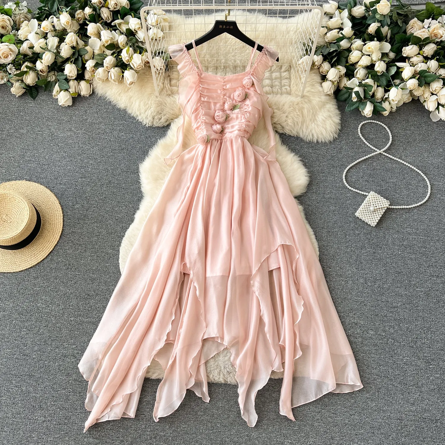 3d Pink Floral Chiffon Slip Dress