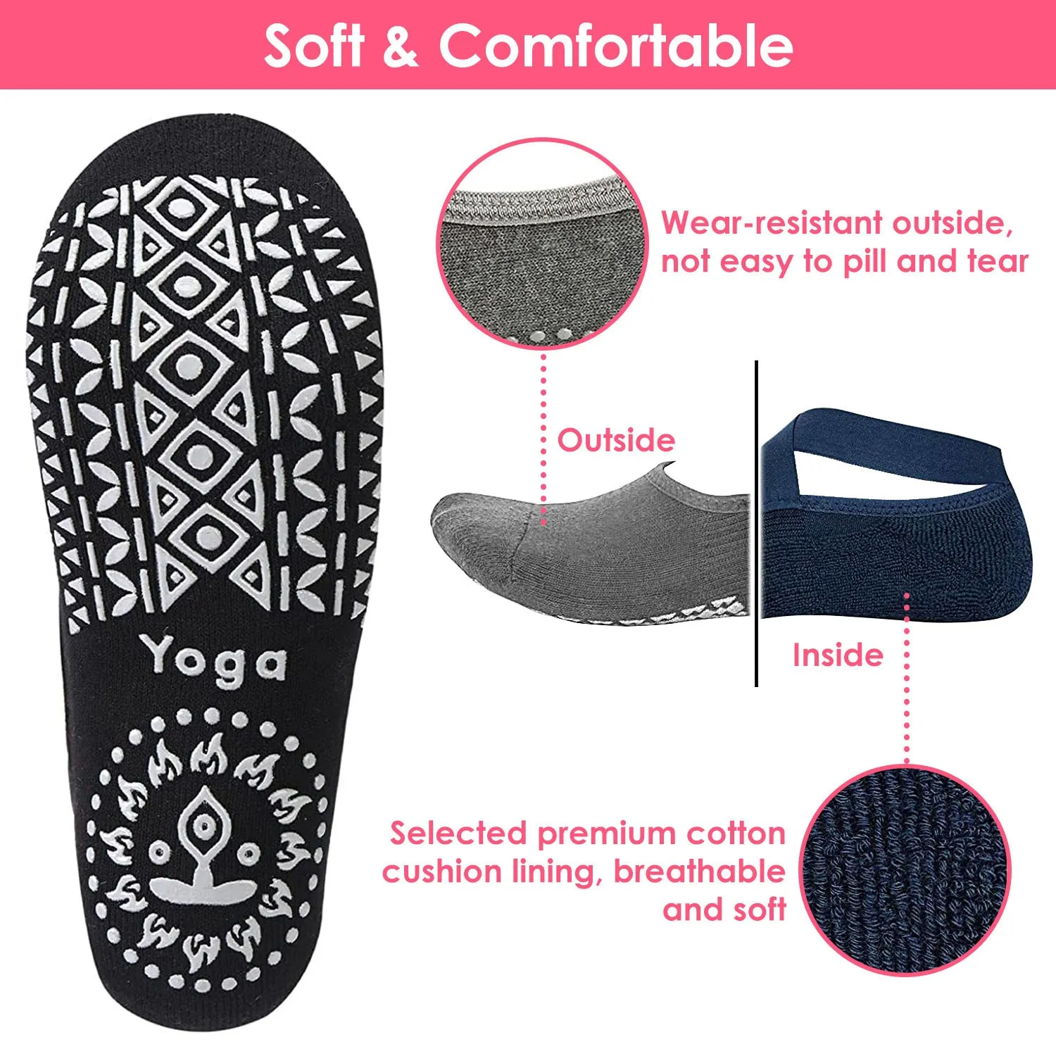 6 Packs Women Yoga Socks with Straps Non-Slip Grips for Pilates Pure Hospital Walking Dance Indoor