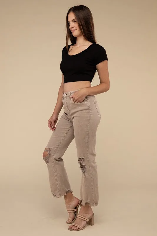 Acid Washed High Waist Distressed Straight Pants