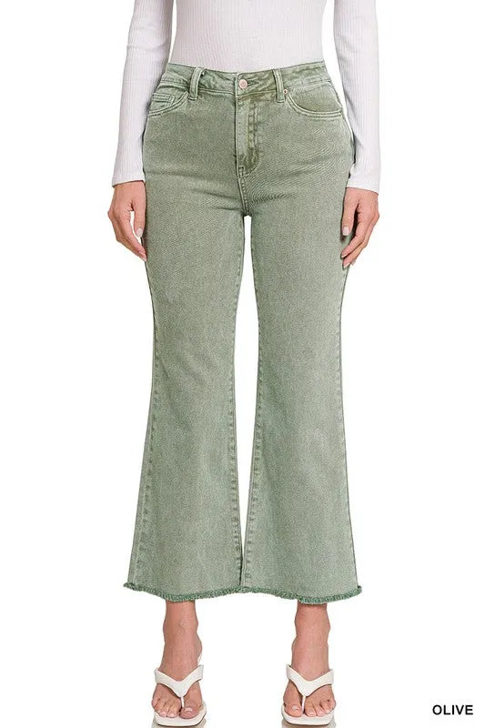 ACID WASHED HIGH WAIST FRAYED HEM BOOTCUT PANTS