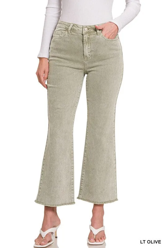 ACID WASHED HIGH WAIST FRAYED HEM BOOTCUT PANTS