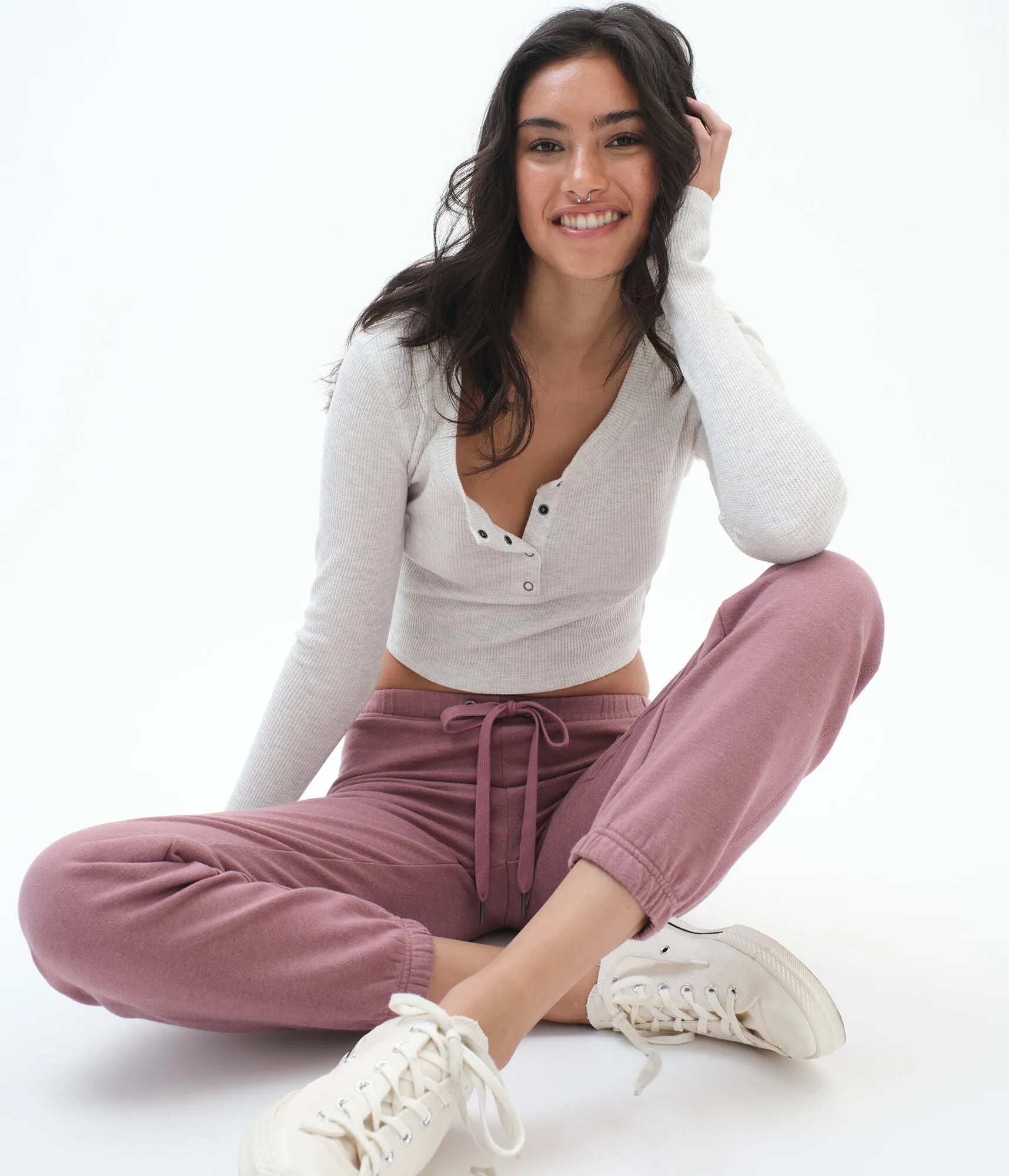 Aeropostale Long Sleeve Cropped Thermal Henley