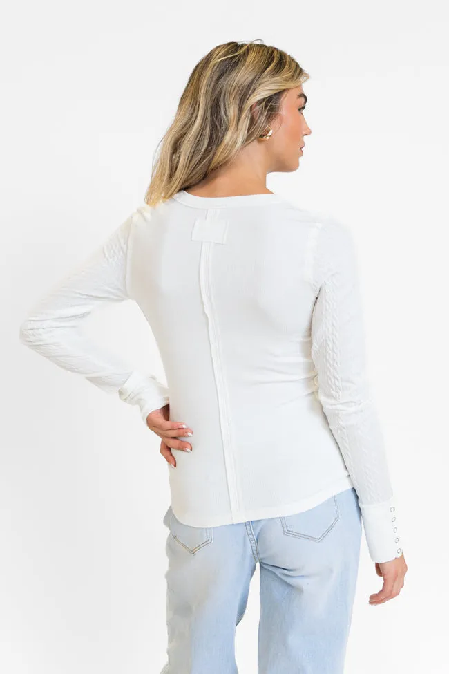 All The Better Ivory Cable Knit Sleeve Knit Henley Top