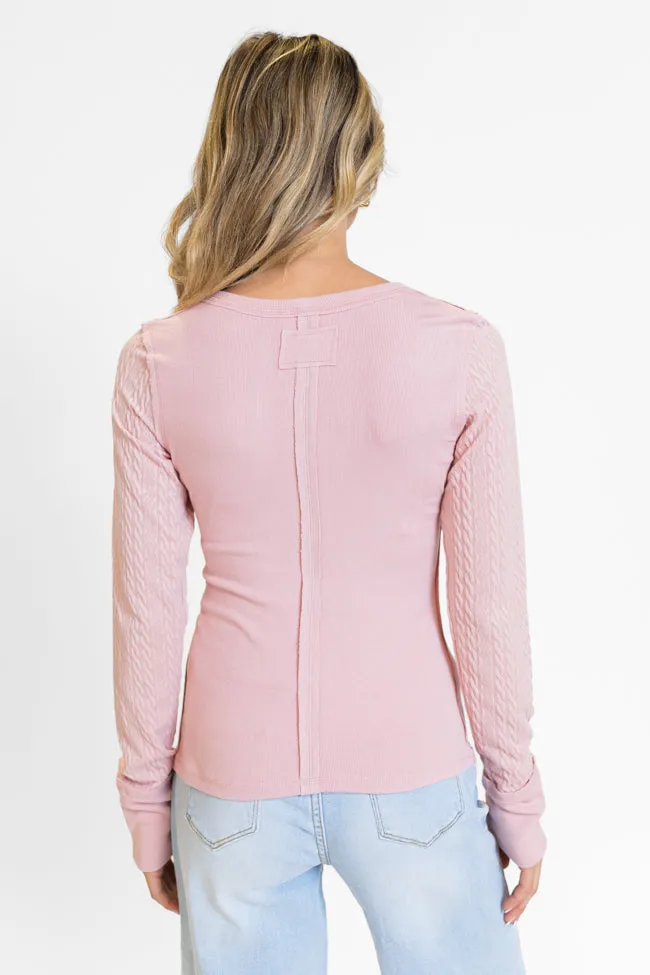 All The Better Light Pink Cable Knit Sleeve Knit Henley Top FINAL SALE