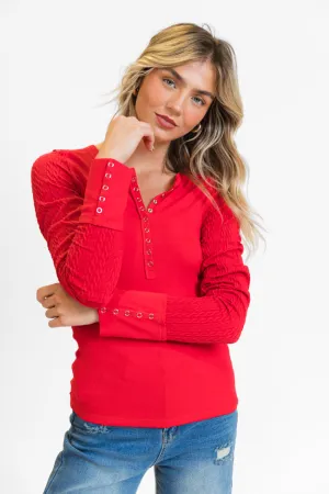 All The Better Red Cable Knit Sleeve Knit Henley Top FINAL SALE