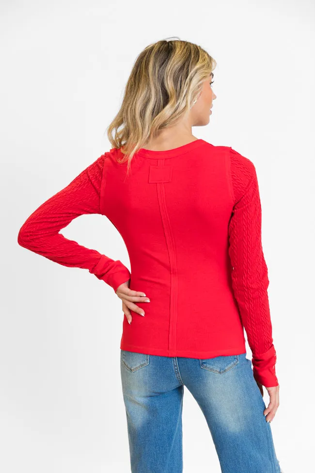 All The Better Red Cable Knit Sleeve Knit Henley Top FINAL SALE