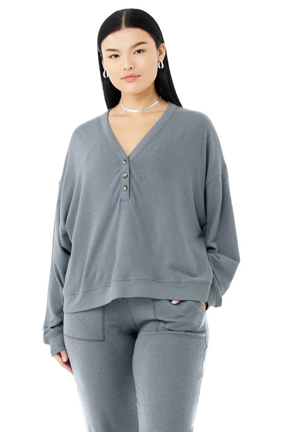 Alolux Soho Cropped Henley - Steel Blue