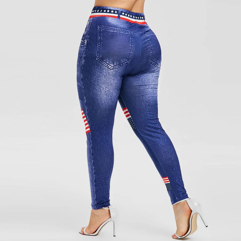 American Flag Print High Waist Elastic Waist 3D Plus Size Skinny Pants