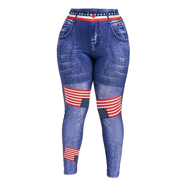 American Flag Print High Waist Elastic Waist 3D Plus Size Skinny Pants