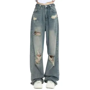 American Retro Hole-punched Jeans Women High Waist Straight-crotch Loose Slim Design High-street Vibe Wide-legged Dragging Pants