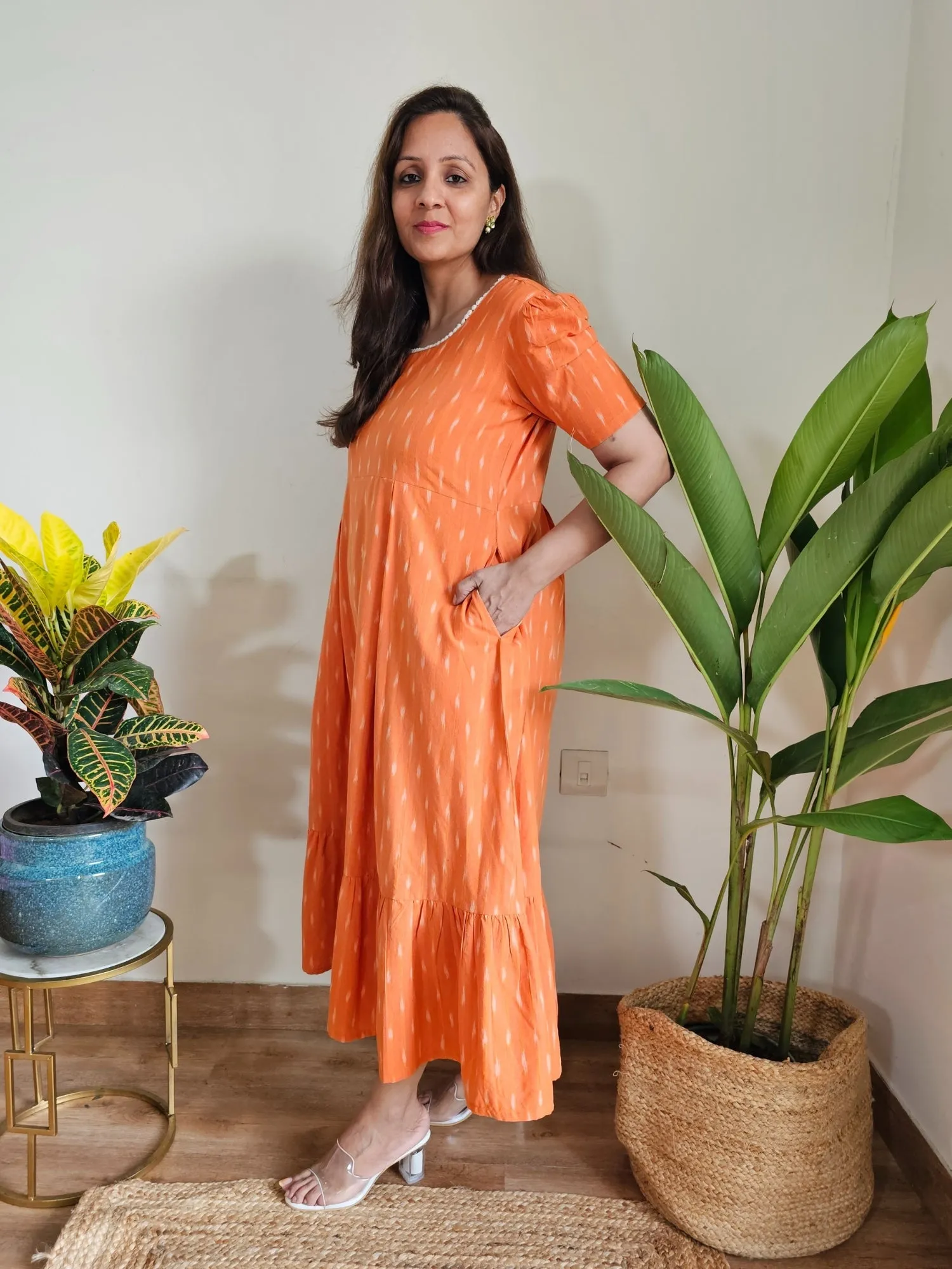 Anjana Orange Ikkat Midi Dress