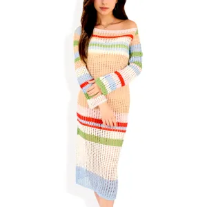 Anna-Kaci Women's Multicolor Striped Off-Shoulder Knit Dress