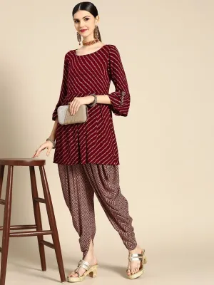 Anouk Women Maroon Ethnic Motifs Printed Empire Kurta with Dhoti Pants