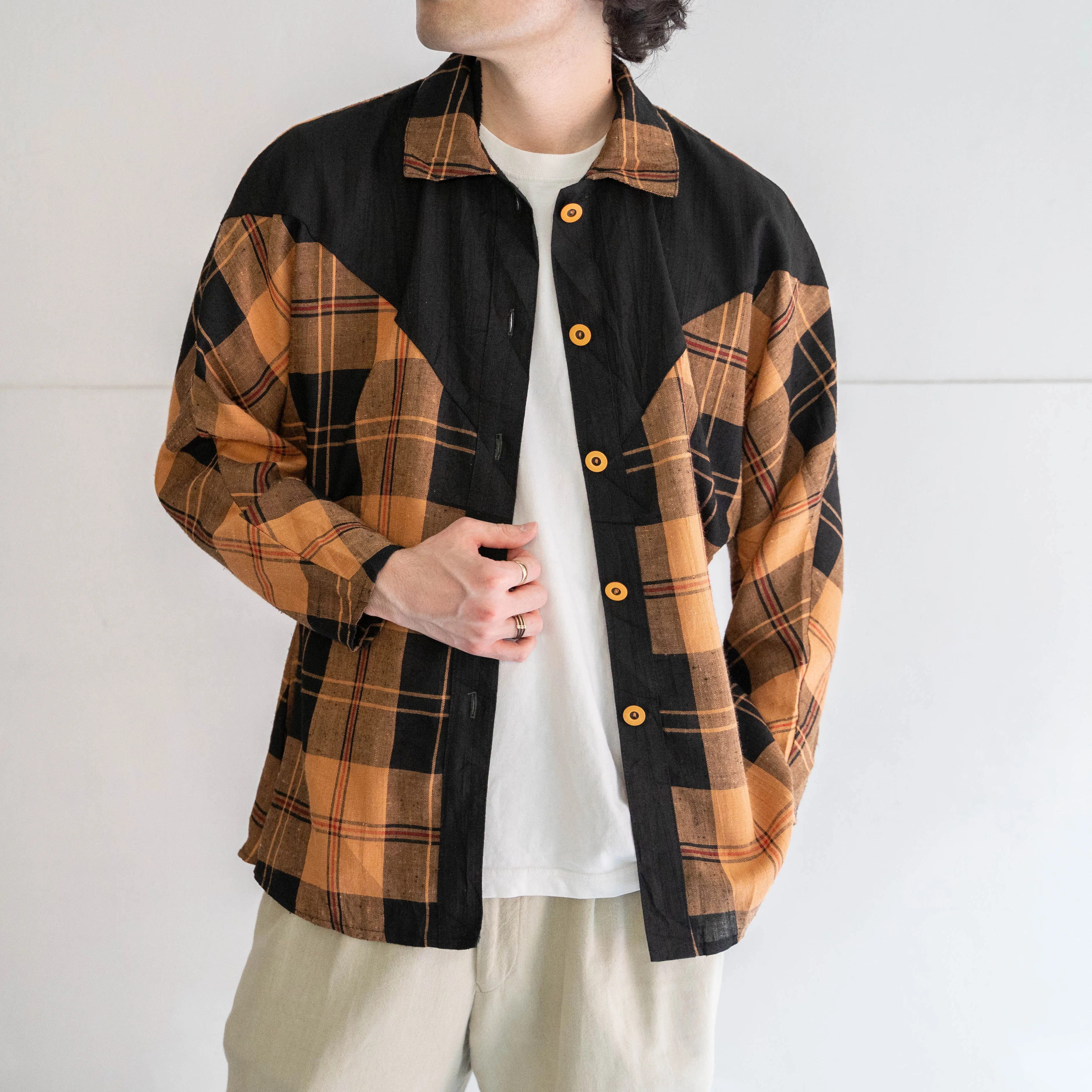 around 1990s orange based checked switching design shirt