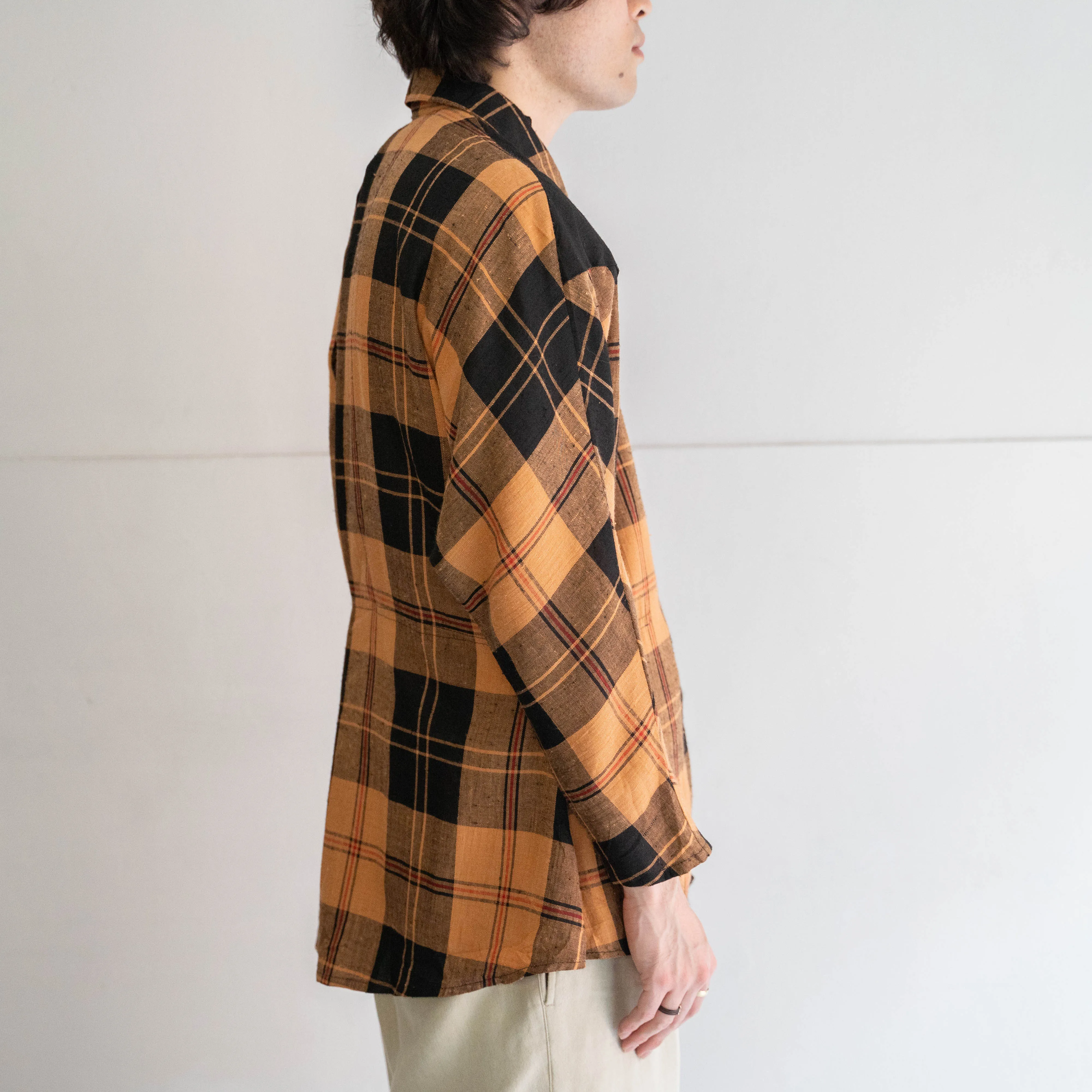 around 1990s orange based checked switching design shirt