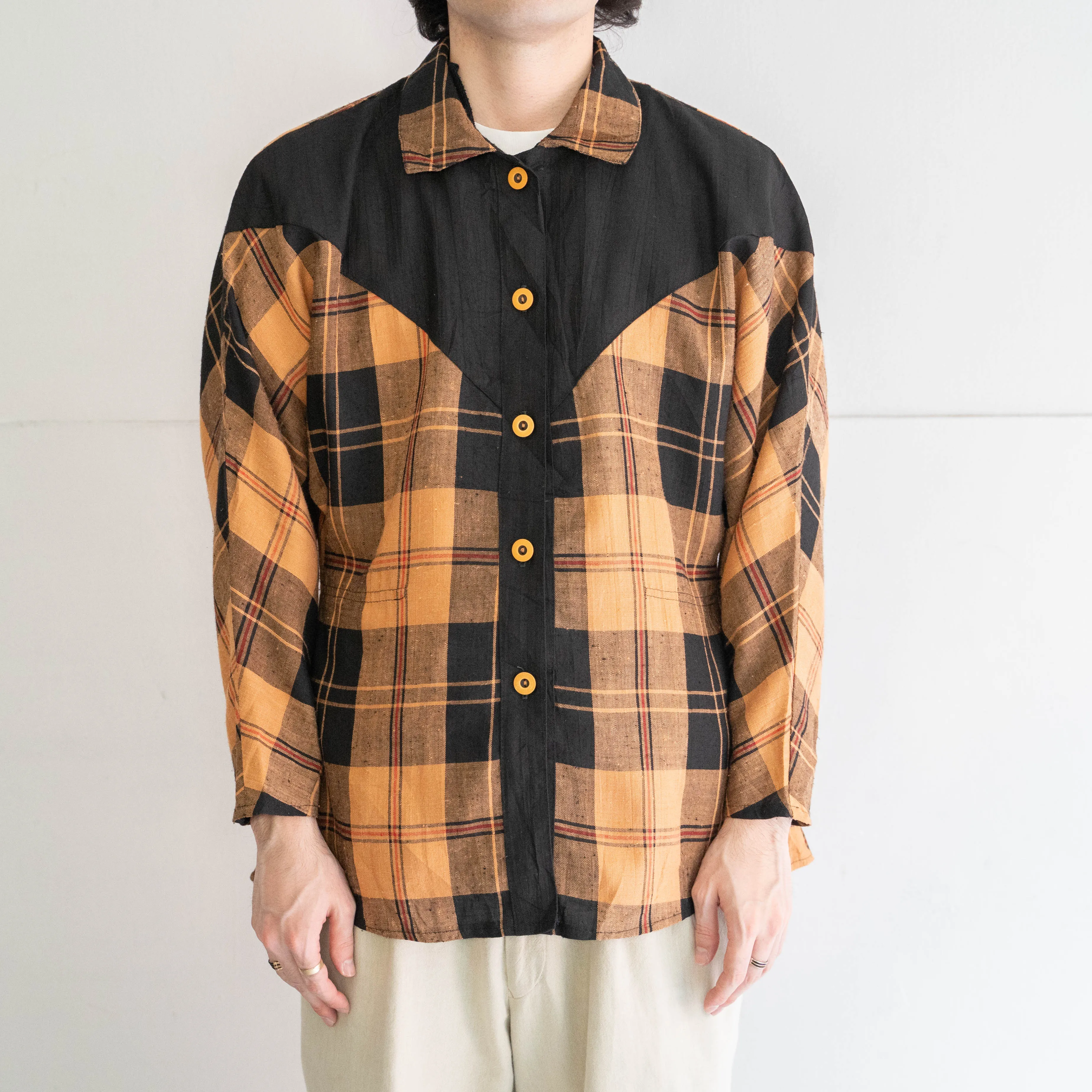 around 1990s orange based checked switching design shirt