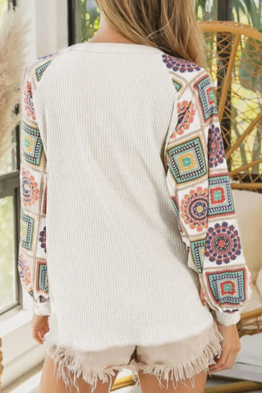 Aztec Patterned Multicolor Henley Sweatshirt with Raglan Sleeves