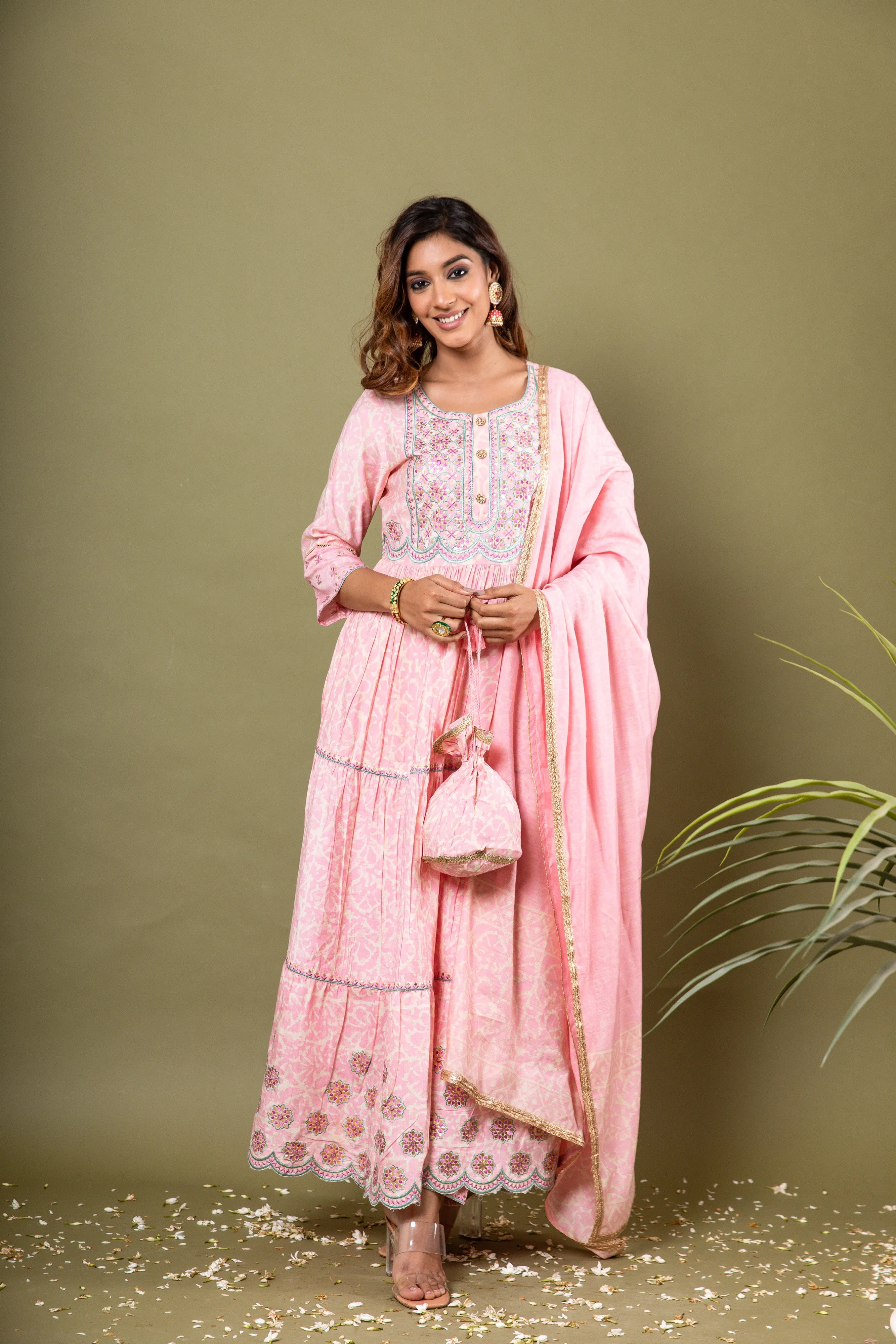 Ba-astur Women's Baby Pink Color Muslin Anarkali Kurta Pant Dupatta With Fancy Potli