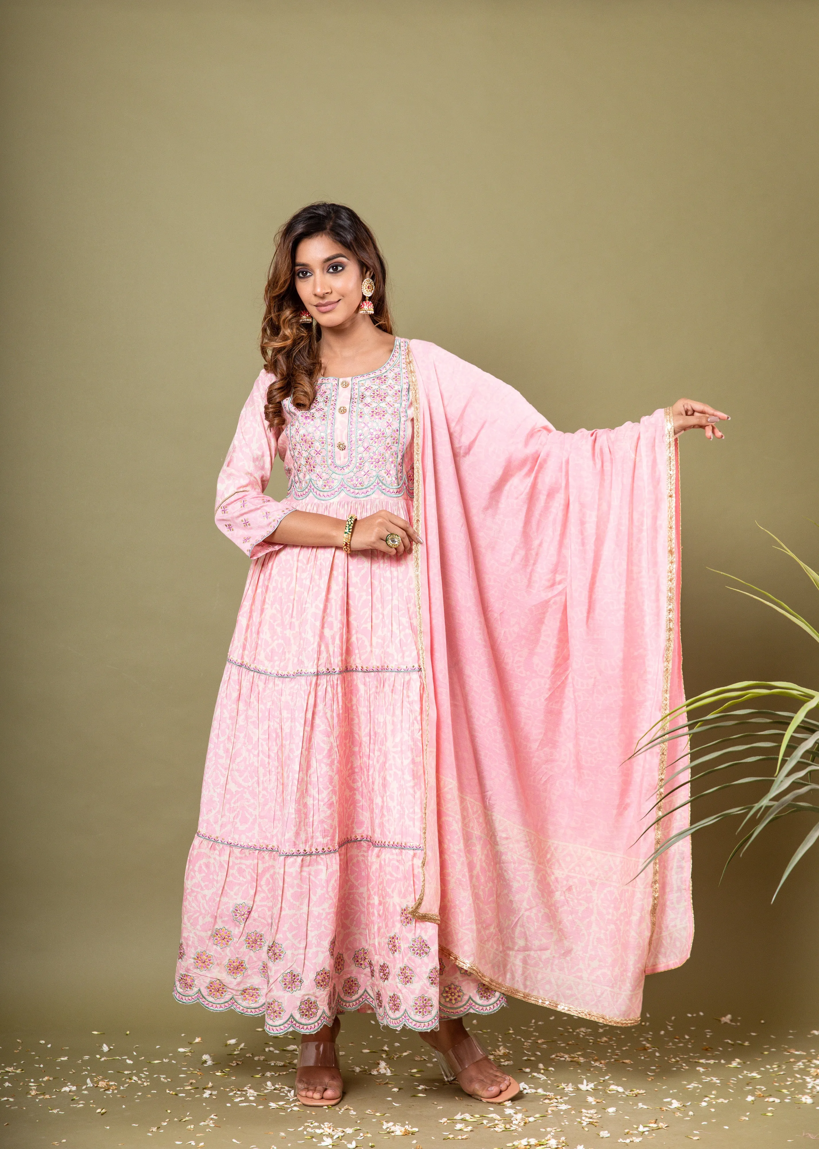 Ba-astur Women's Baby Pink Color Muslin Anarkali Kurta Pant Dupatta With Fancy Potli