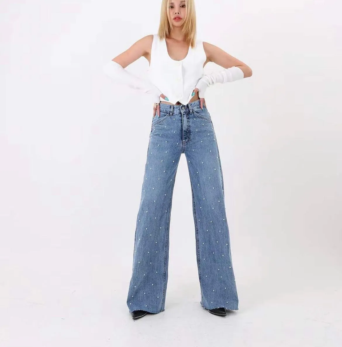 Beaded High Waist Straight Mom Jeans