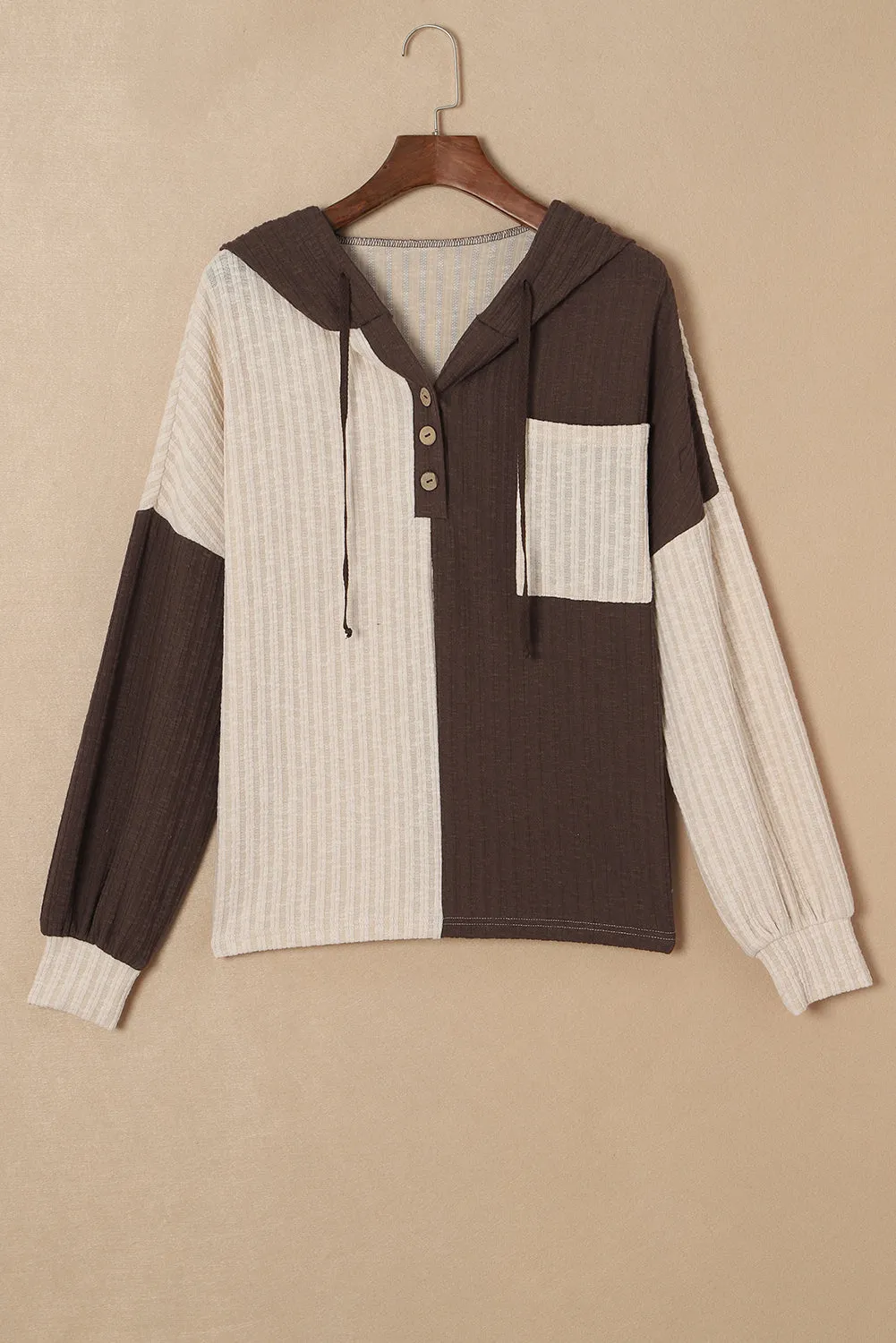 Beige Color Block Corded Henley Hoodie