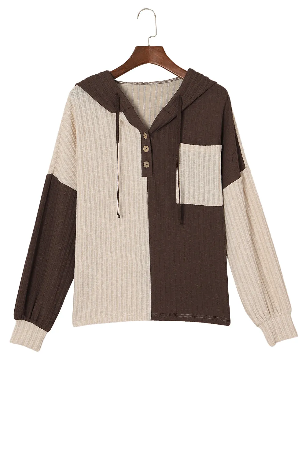 Beige Color Block Corded Henley Hoodie