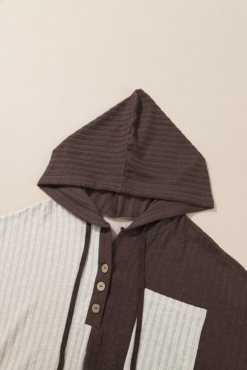 Beige Color Block Corded Henley Hoodie