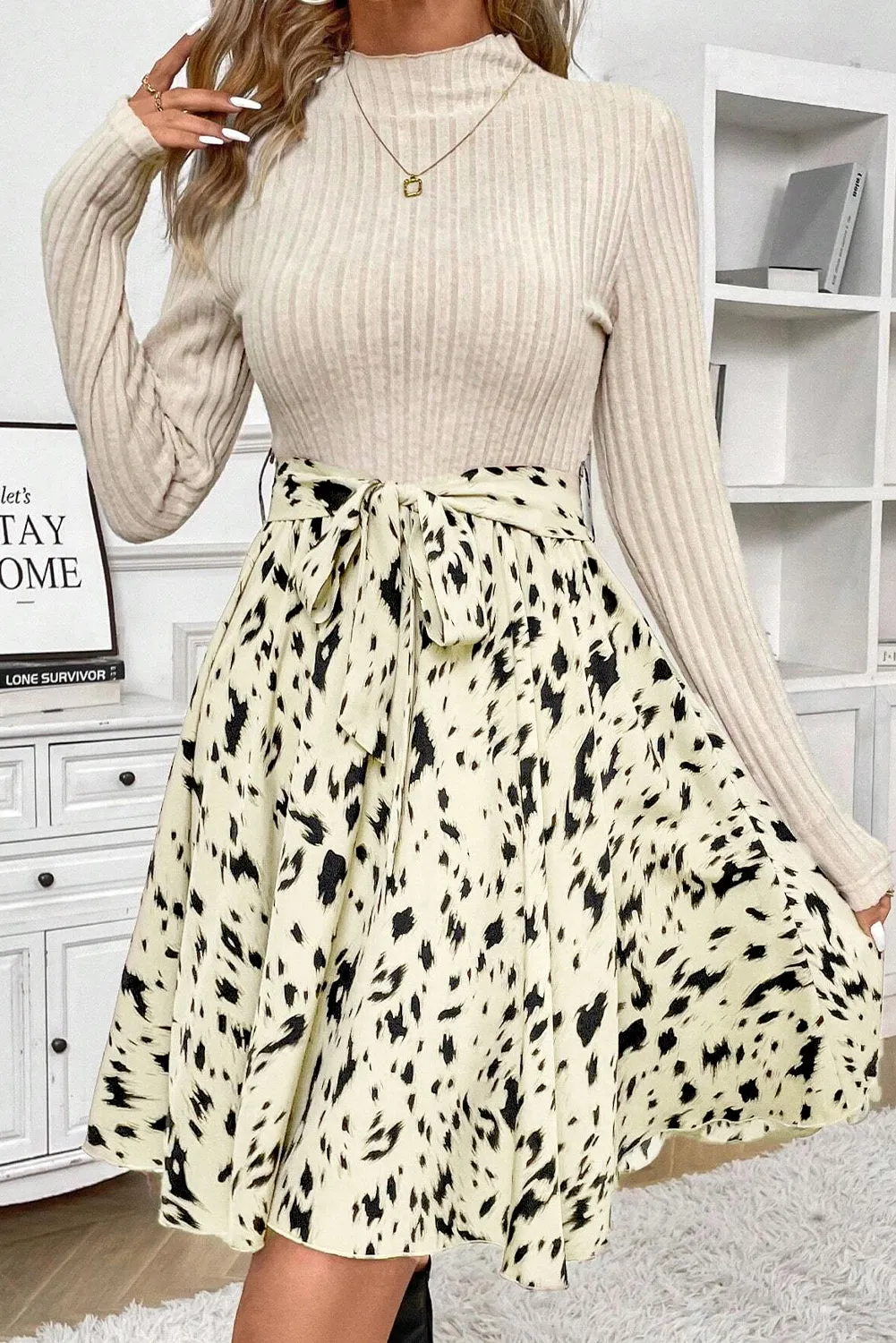 Beige Ribbed Knit Belted A-line Dress with Patchwork Print