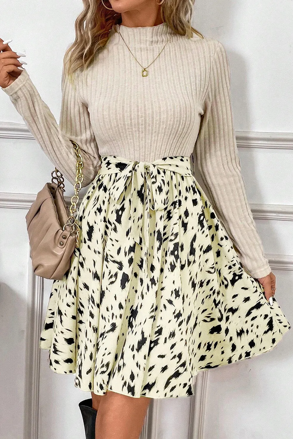 Beige Ribbed Knit Belted A-line Dress with Patchwork Print