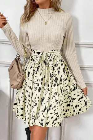 Beige Ribbed Knit Belted A-line Dress with Patchwork Print