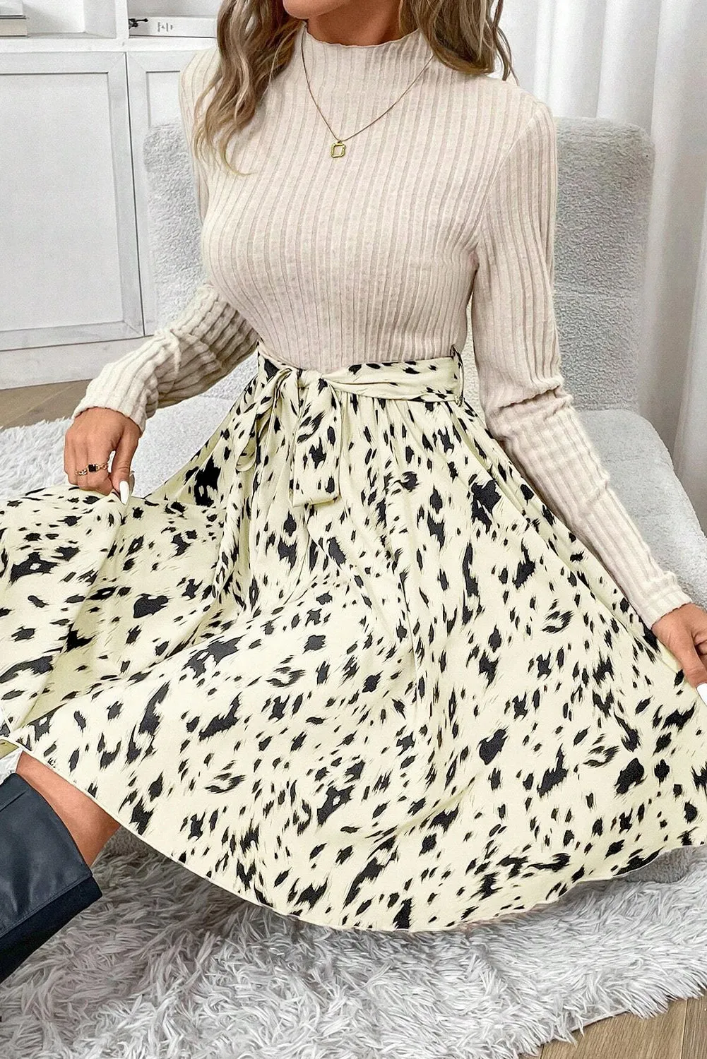 Beige Ribbed Knit Belted A-line Dress with Patchwork Print