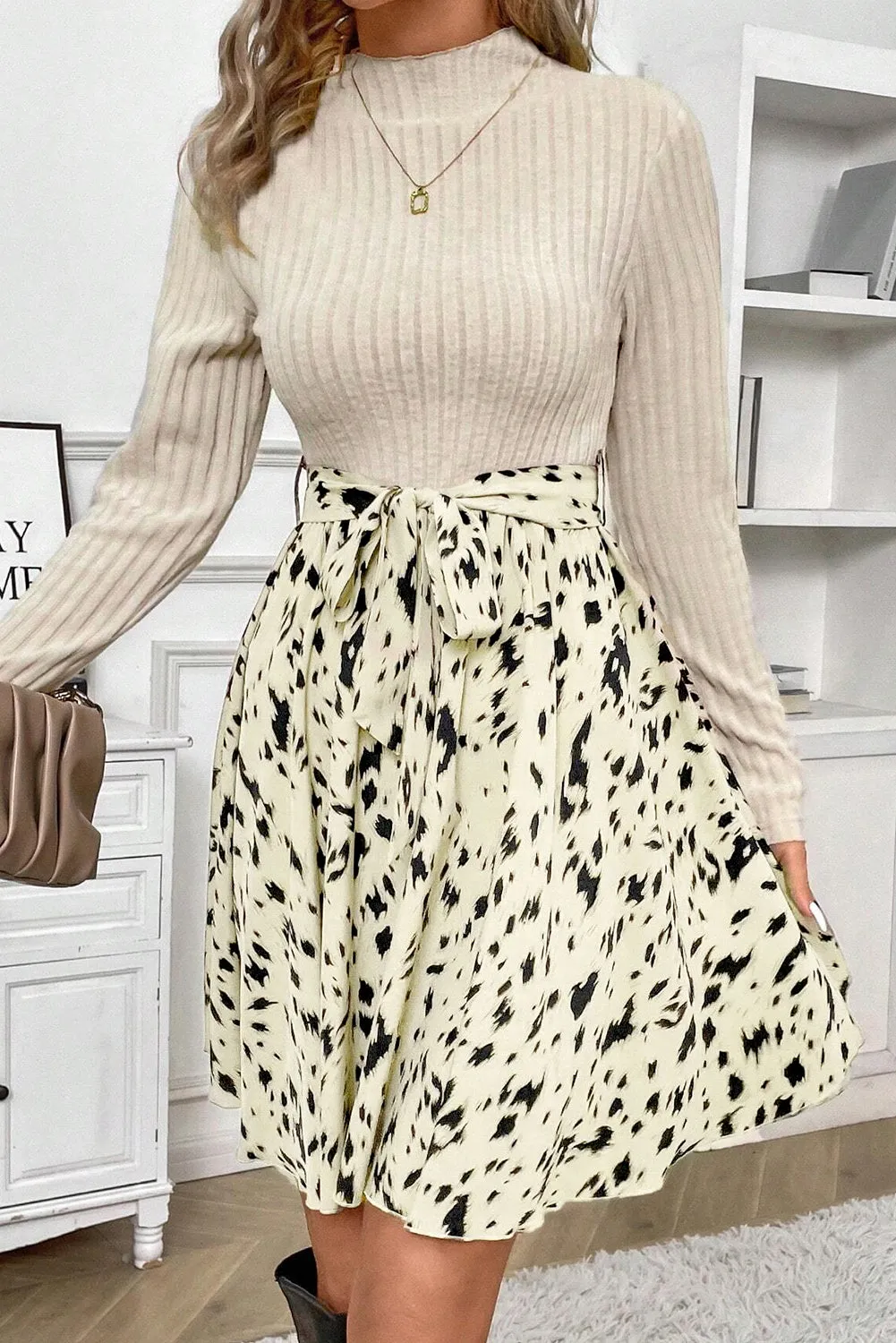 Beige Ribbed Knit Belted A-line Dress with Patchwork Print