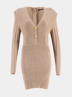 Beige Ribbed-Knit Mini Dress