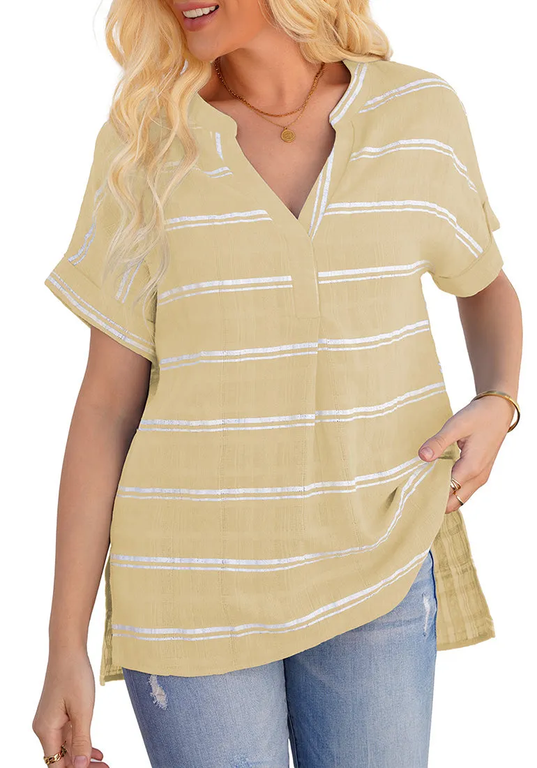 Beige Split V-Neckline Batwing Sleeves Striped Loose Top