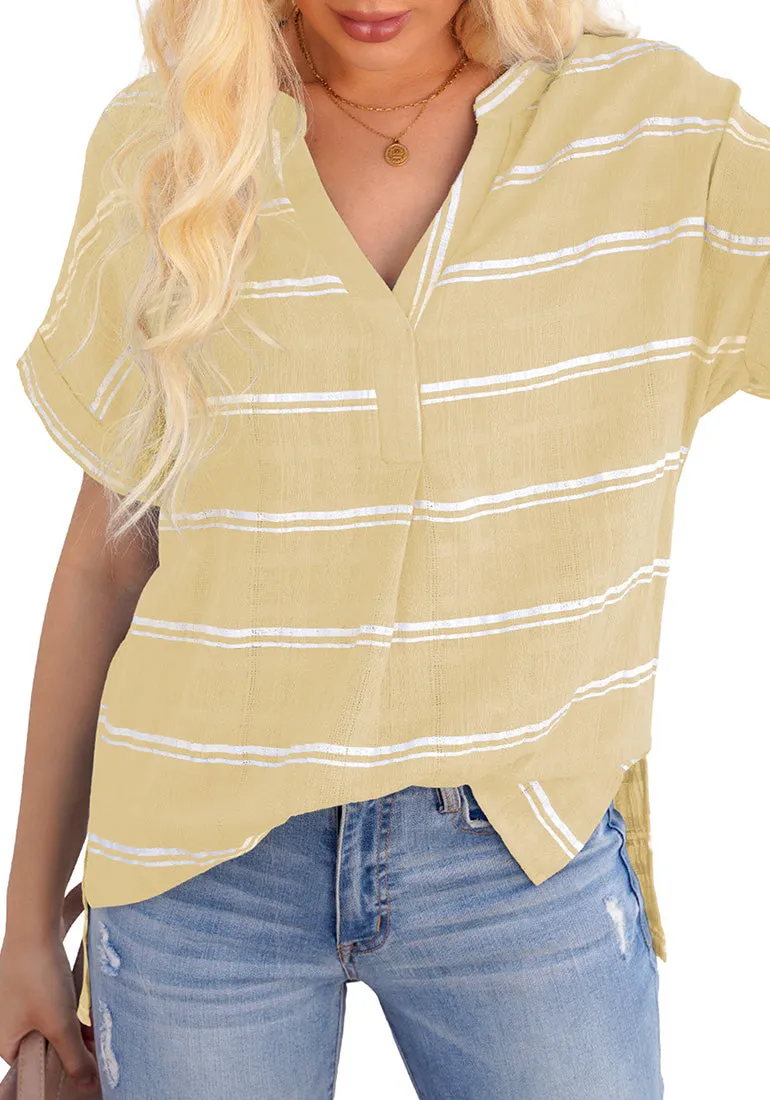 Beige Split V-Neckline Batwing Sleeves Striped Loose Top