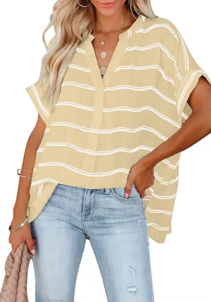 Beige Split V-Neckline Batwing Sleeves Striped Loose Top