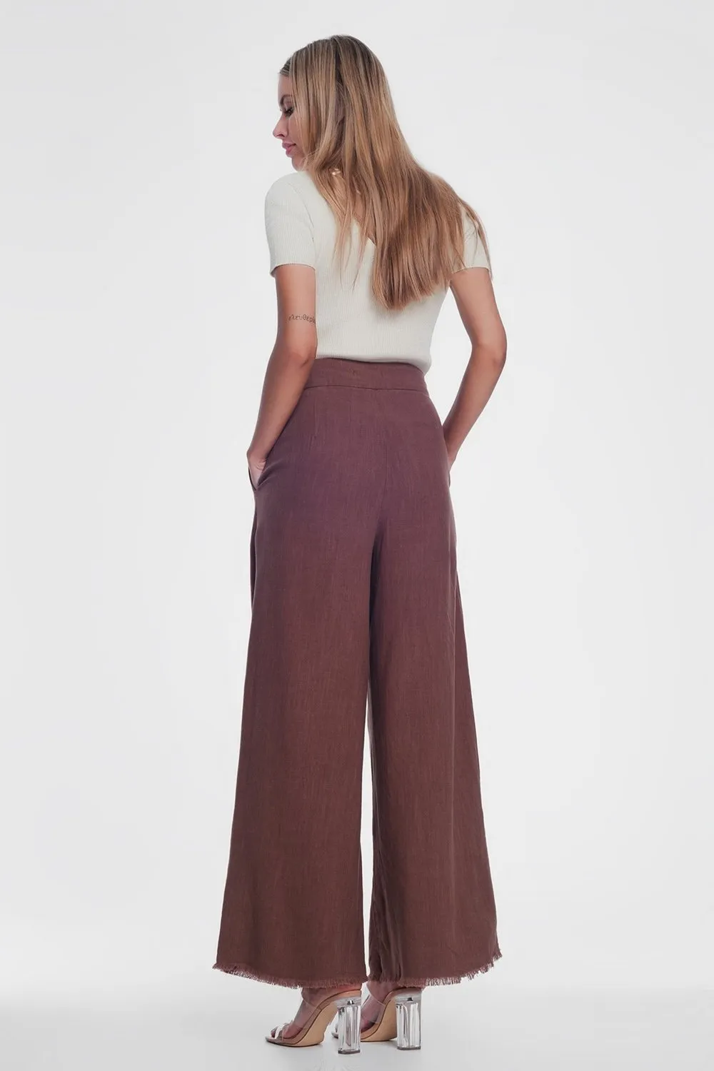 Belted High Waist Wideleg Trouser in Brown