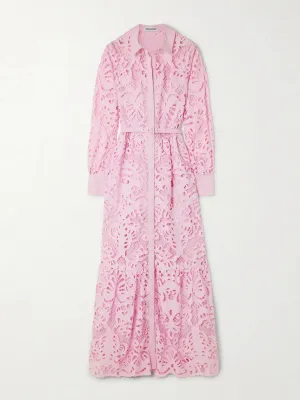 Belted tiered broderie anglaise cotton maxi shirt dress