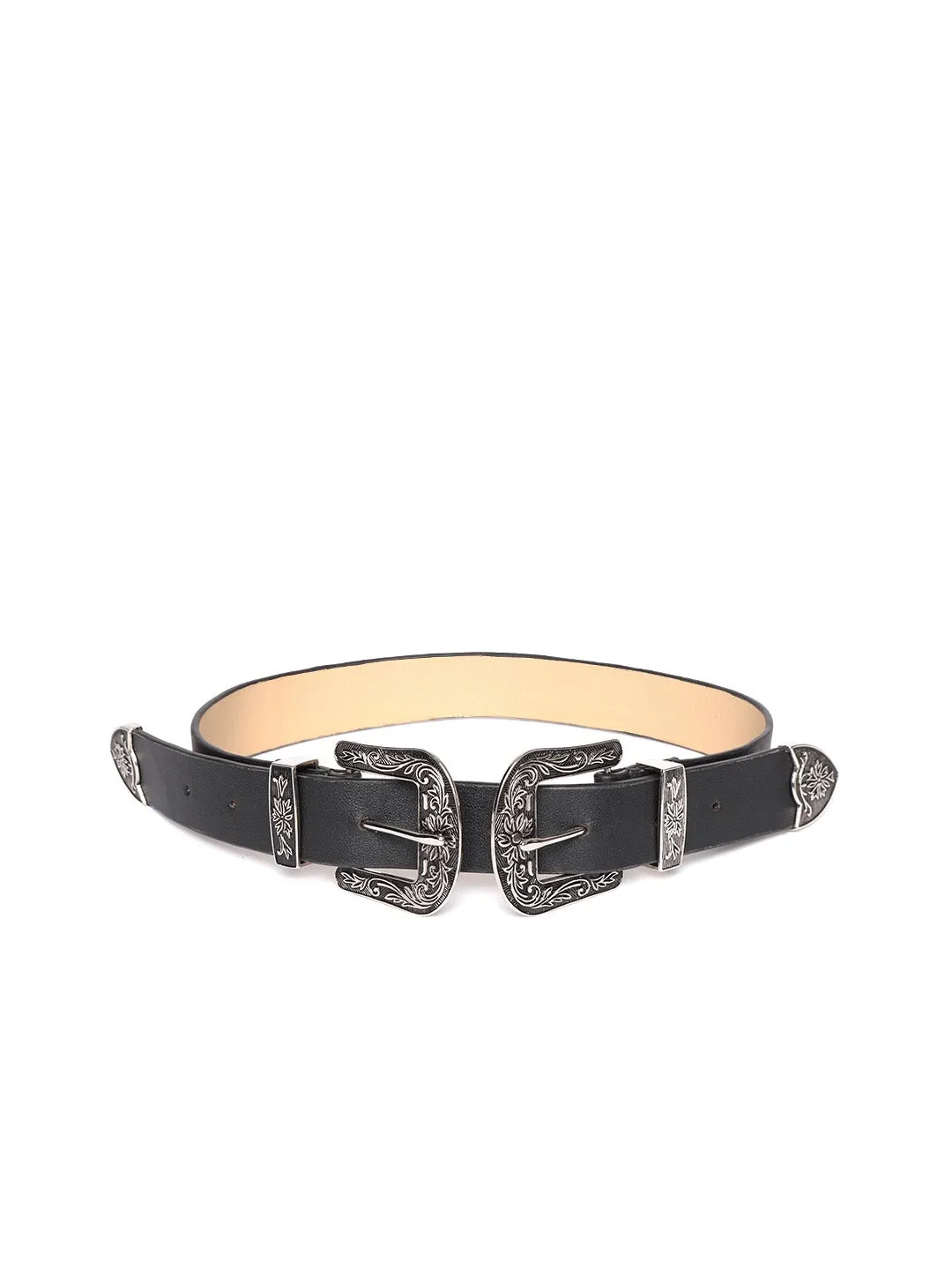 Berrylush Women Black Metallic Double Buckle PU Belt