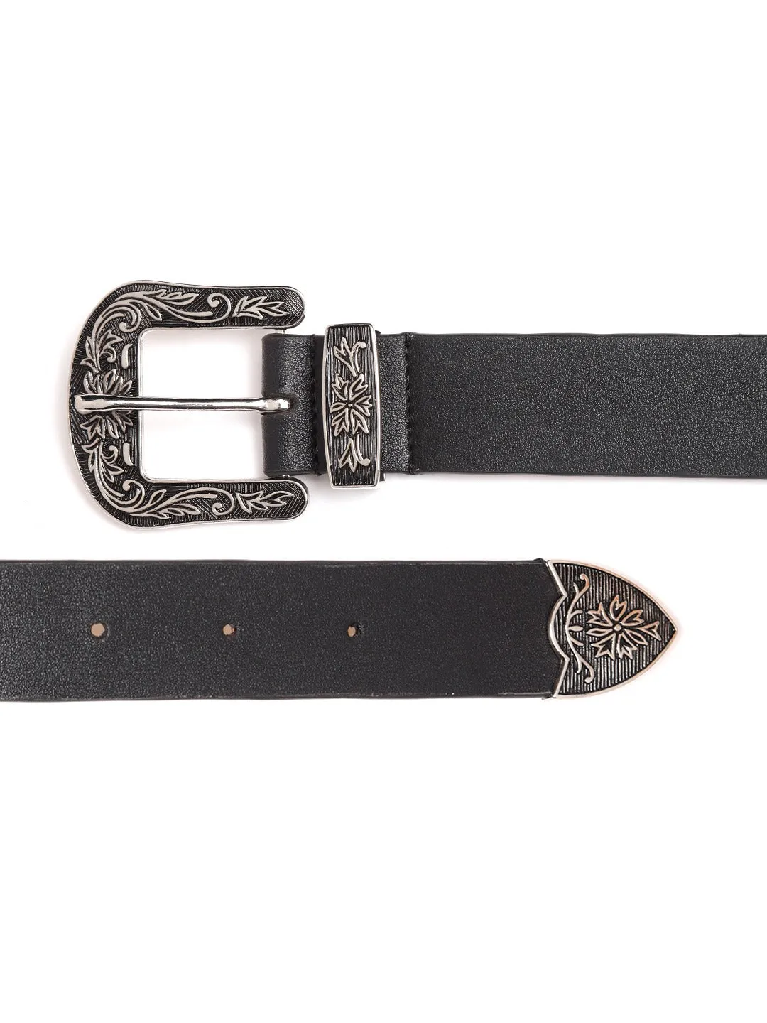 Berrylush Women Black Metallic Double Buckle PU Belt