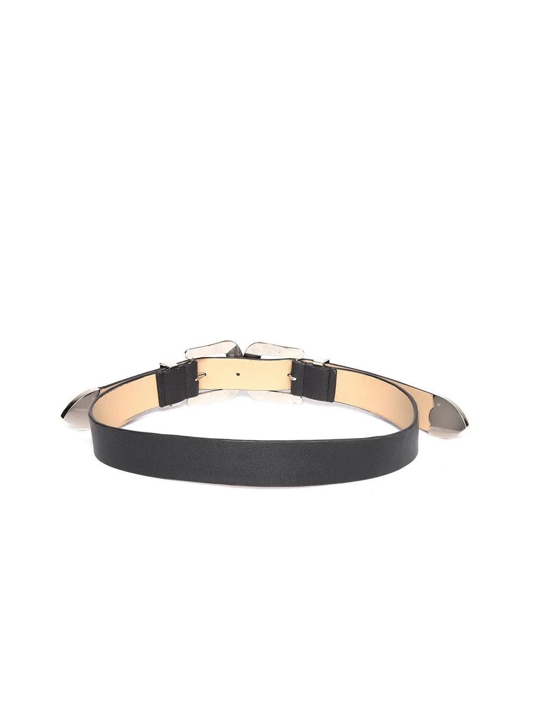 Berrylush Women Black Metallic Double Buckle PU Belt