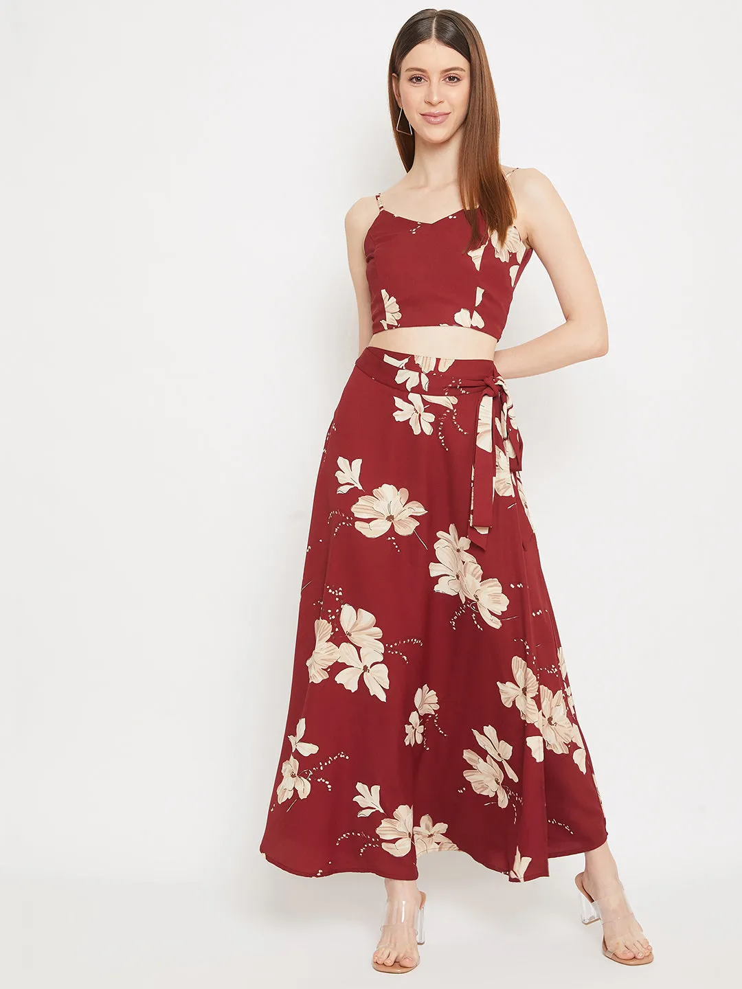 Berrylush Women Maroon Floral Printed Two-Piece Maxi Dress