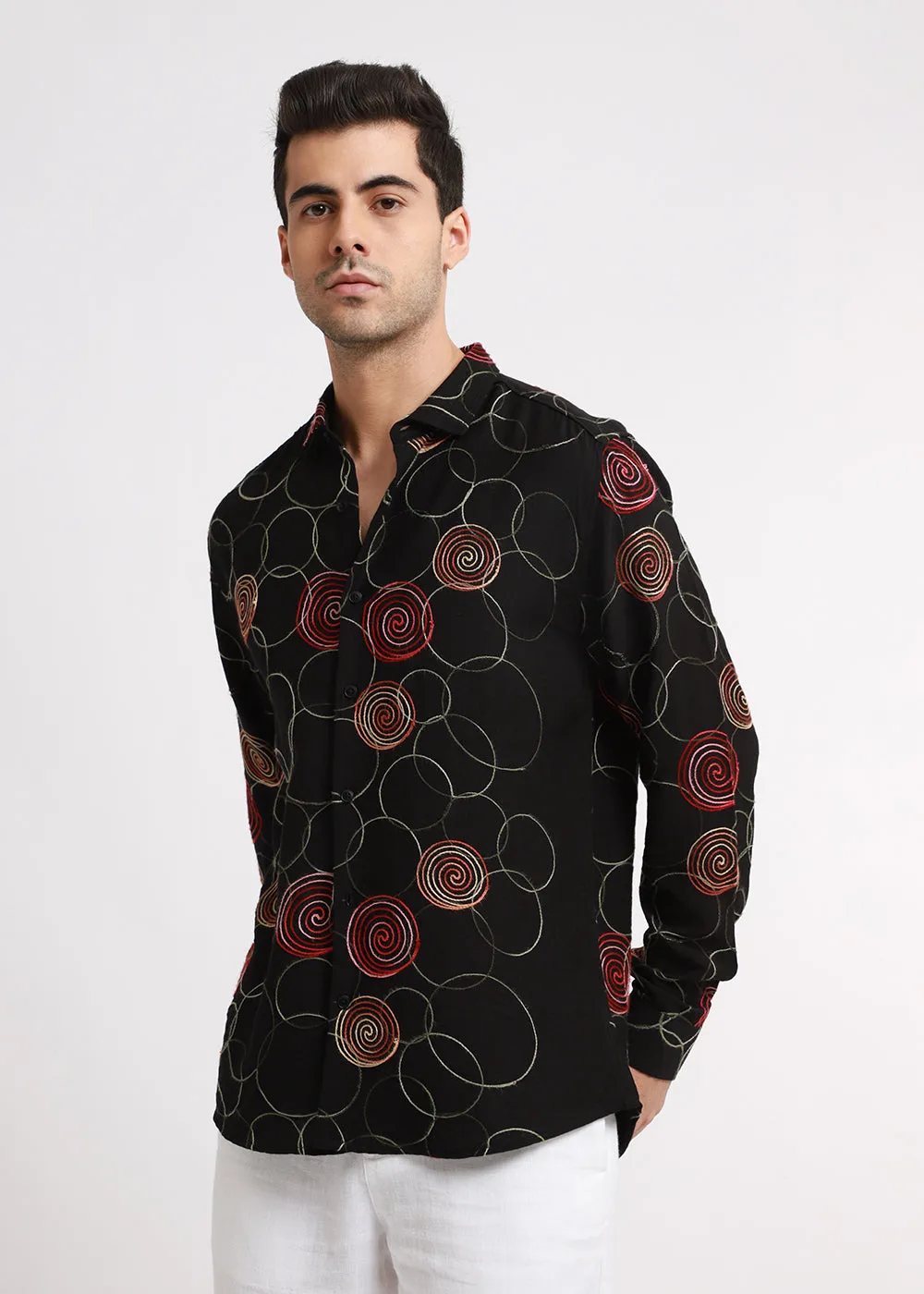 Black Circular Embroidered Shirt