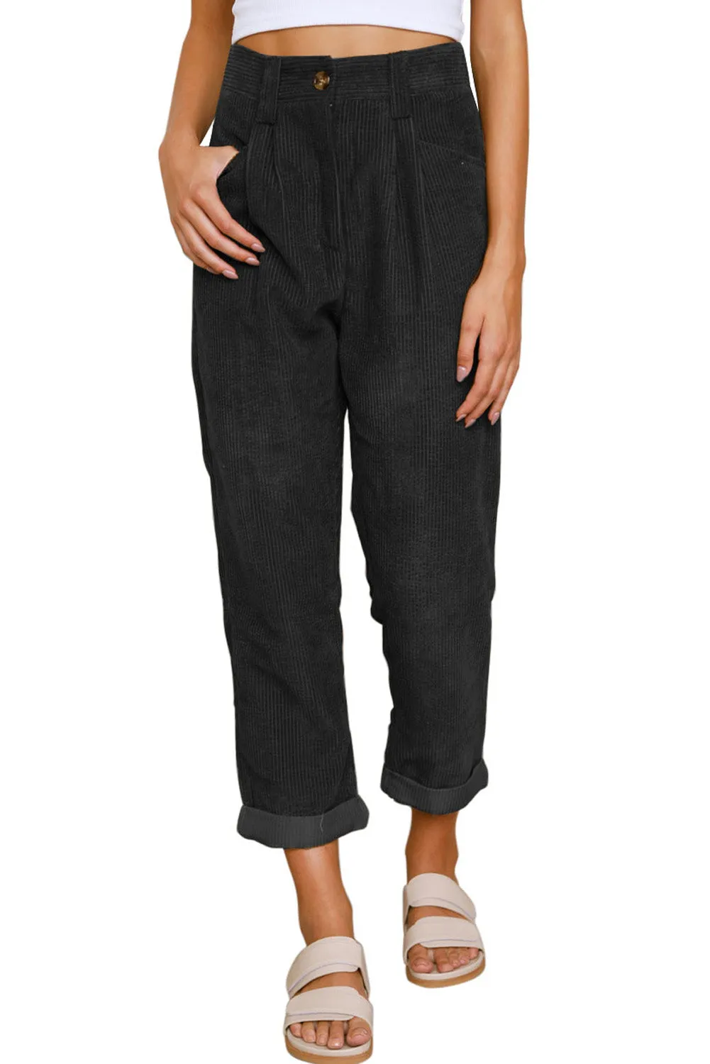 Black Corduroy High Waist Straight Leg Pants