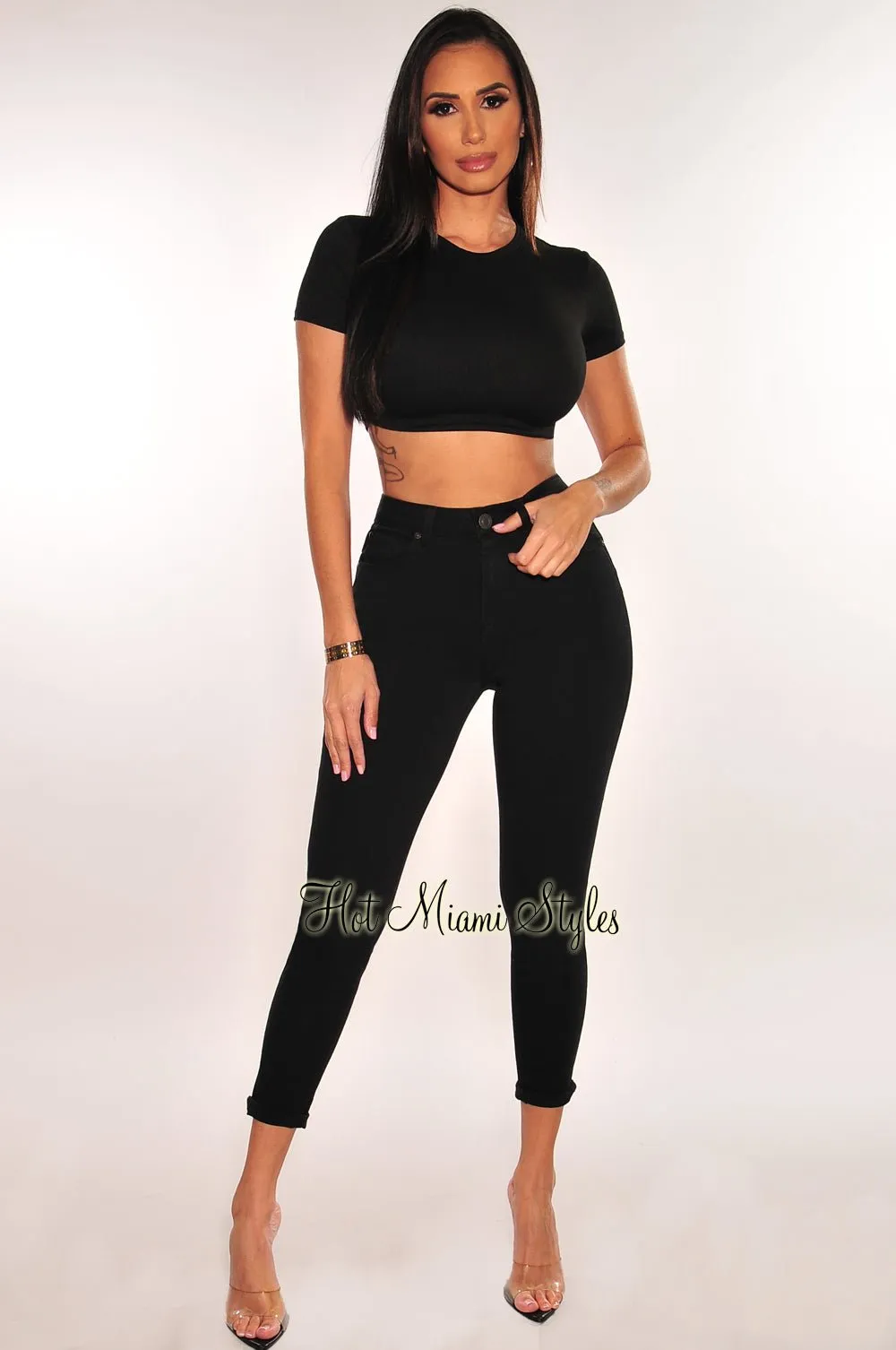 Black Denim High Waisted Stretchy Skinny Ankle Jeans