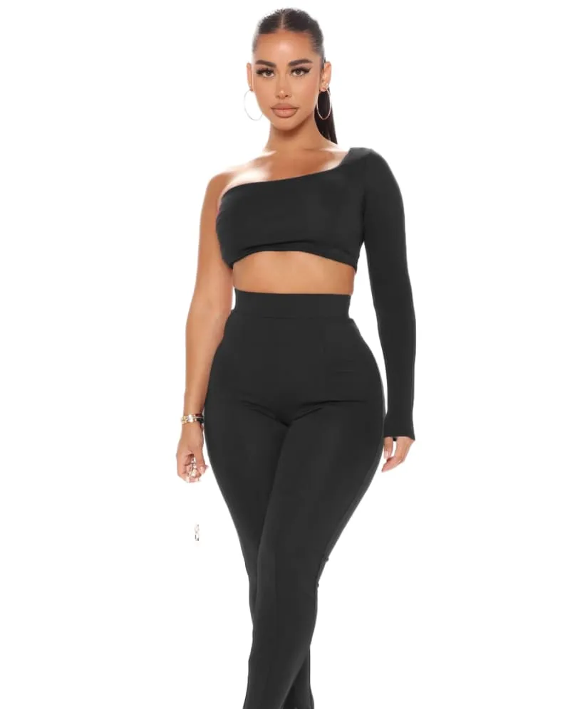 Black High Waist Pants & One Shoulder Top Set